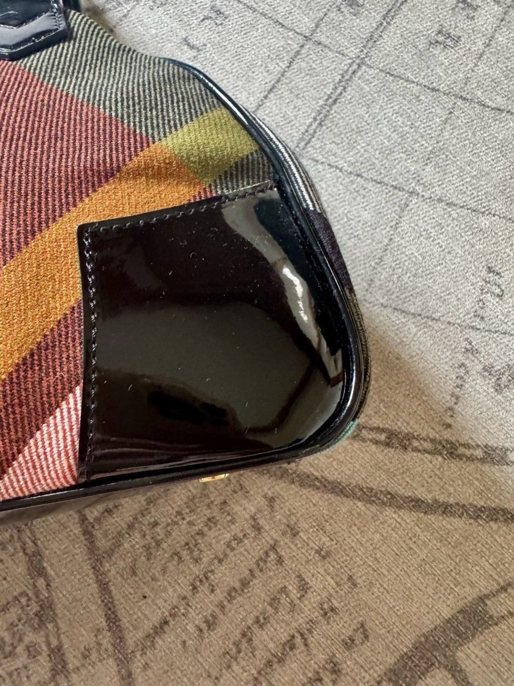 RARE Vivienne Westwood VINTAGE Plaid Canvas Handbag w Black Patent Trim - Picture 7 of 10